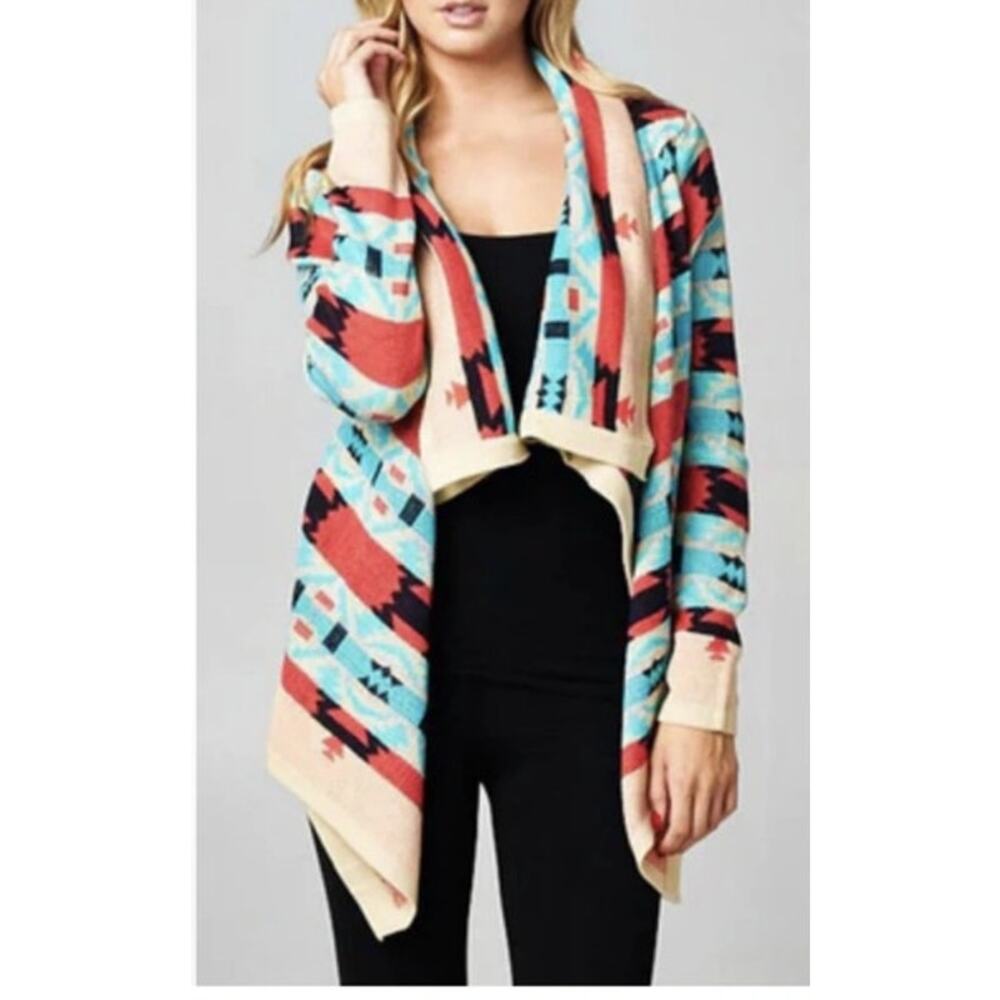 Kate Collection Colorful‎ Aztec Print Open Asymmetrical Cardigan Sweater Size M